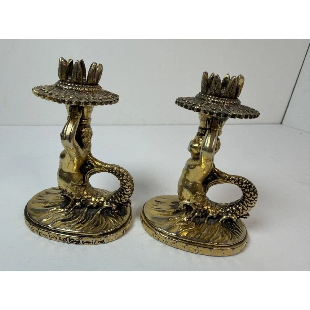 Candle Stick Holders Cherub Mermaid? Vintage‎ Gold Brass Tone Hollywood Regency